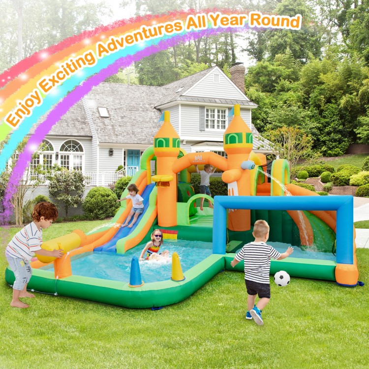 Kids inflatable water slide with soccer gate, featuring two slides, splash pool, and climbing wall for summer fun.