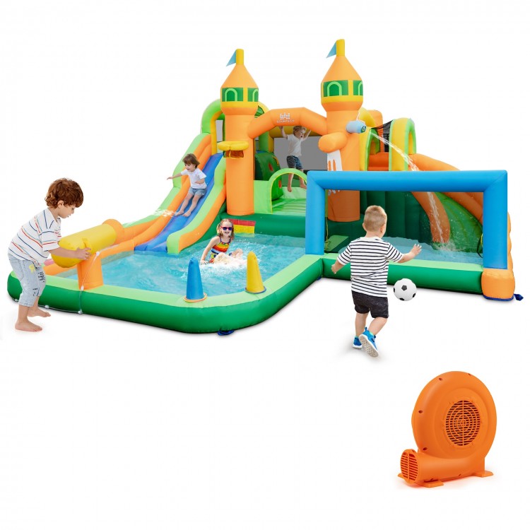 Kids inflatable water slide with soccer gate, featuring slides, splash pools, and climbing wall for summer fun.