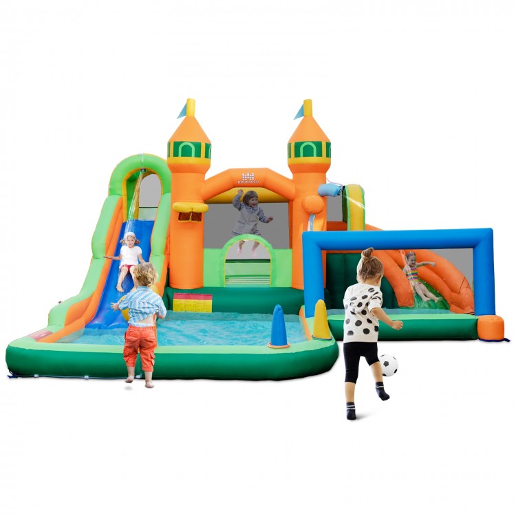 Kids inflatable water slide featuring two slides, climbing wall, and soccer gate for summer fun and sports.