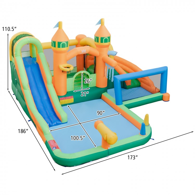 Kids inflatable water slide with soccer gate, featuring two slides, climbing wall, and splash pools for summer fun.