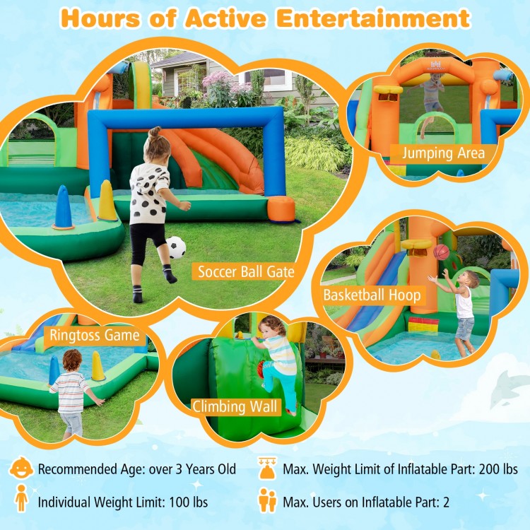 Kids inflatable water slide featuring a soccer gate, climbing wall, and splash pool for summer fun and active play.