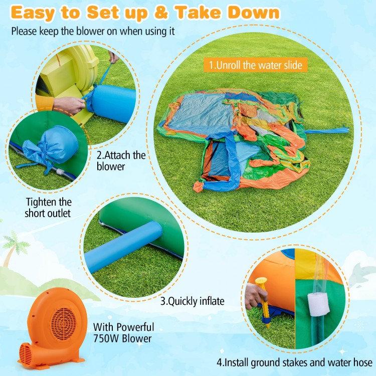 Kids inflatable water slide with soccer gate, featuring 2 slides, climbing wall, and 750W blower for summer fun.