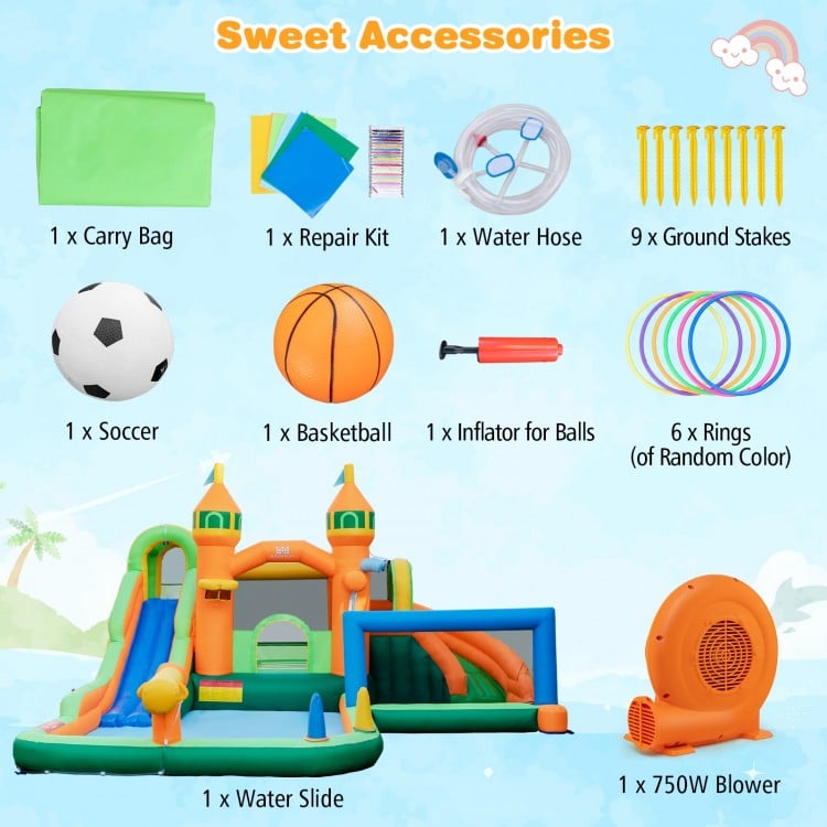 Kids inflatable water slide featuring two surfing slides, soccer gate, and 750W blower for summer fun in the yard.