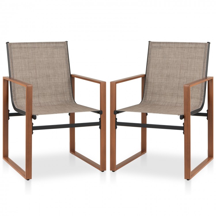 Set of 2 outdoor dining chairs with breathable fabric seats and simulated wood grain armrests for patio relaxation.