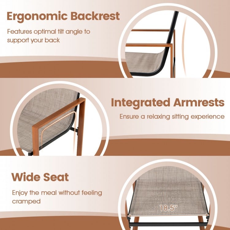 Ergonomic outdoor dining chair set with breathable fabric, integrated armrests, and wide seat for comfortable meals.