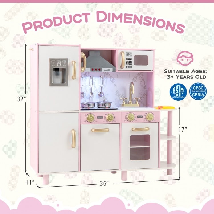 Wooden kitchen playset in pink with ice maker, lights, and sounds, perfect for imaginative play for ages 3 and up.