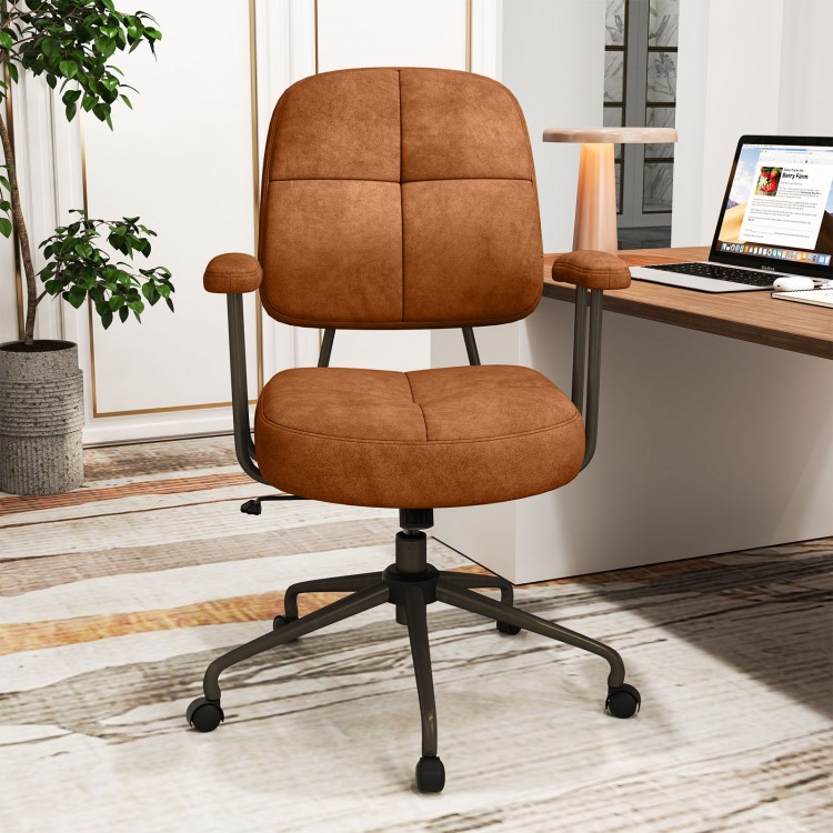 Brown Leathaire upholstered task chair with cushioned back and arms, featuring a sturdy base for home office use.