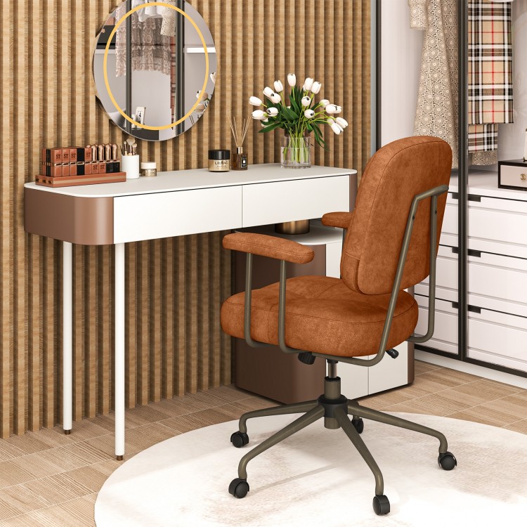 Brown Leathaire upholstered task chair with cushioned back, ergonomic design, and rolling casters for home office use.
