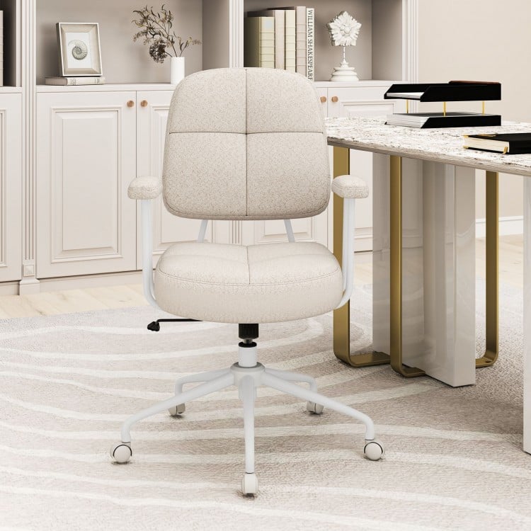 Beige upholstered task chair with cushioned back and arms, featuring a sturdy base and height adjustment for home.
