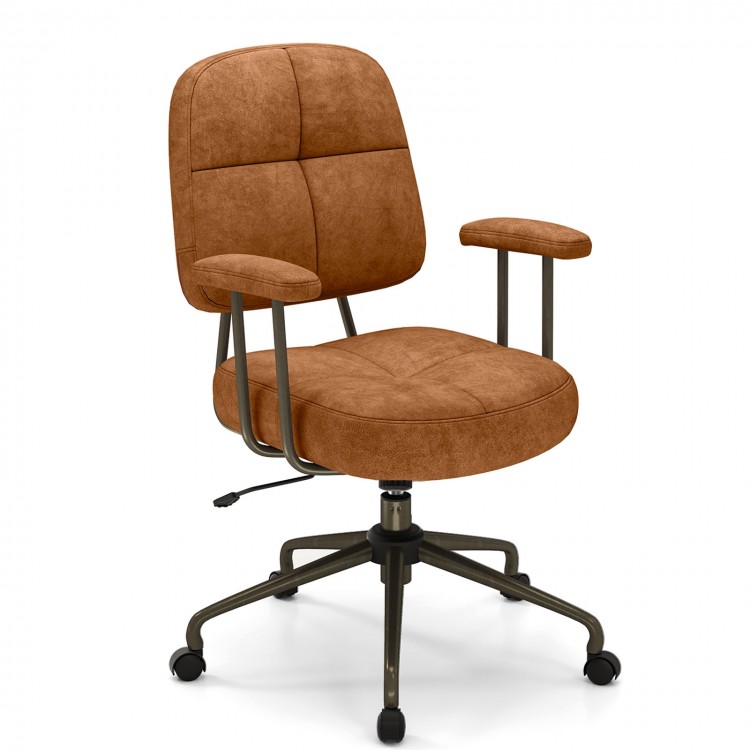 Brown Leathaire upholstered task chair with cushioned back and arms, featuring height adjustment and rolling casters.