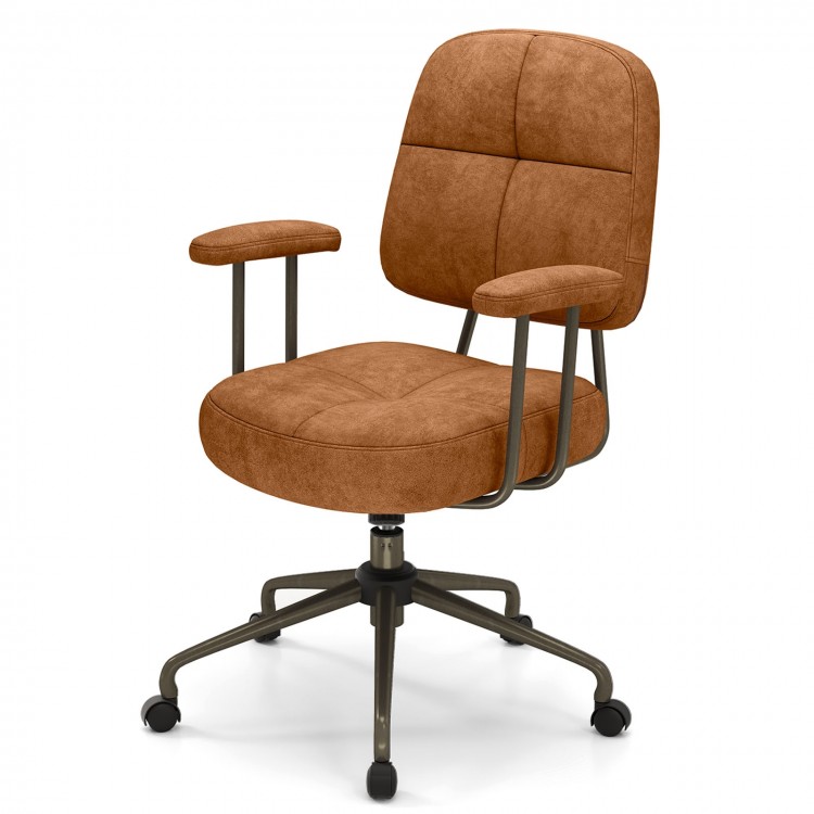Brown upholstered task chair with cushioned back and arms, ergonomic design, and sturdy plywood base for home office.
