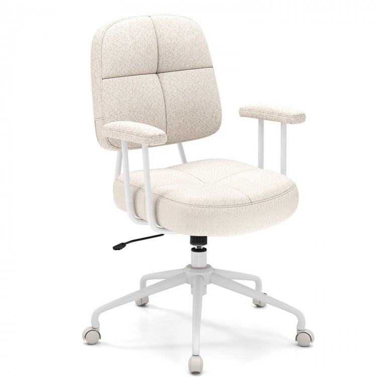 Beige upholstered task chair with cushioned back and arms, featuring height adjustment and ergonomic design for home.