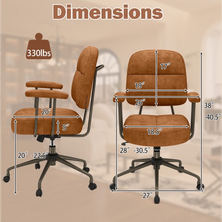 Dimensions of the Leathaire Upholstered Task Home Office Chair in brown, featuring ergonomic design and sturdy.