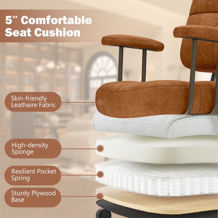 5" cushioned seat of the Leathaire upholstered task chair in brown, featuring high-density sponge and sturdy plywood.