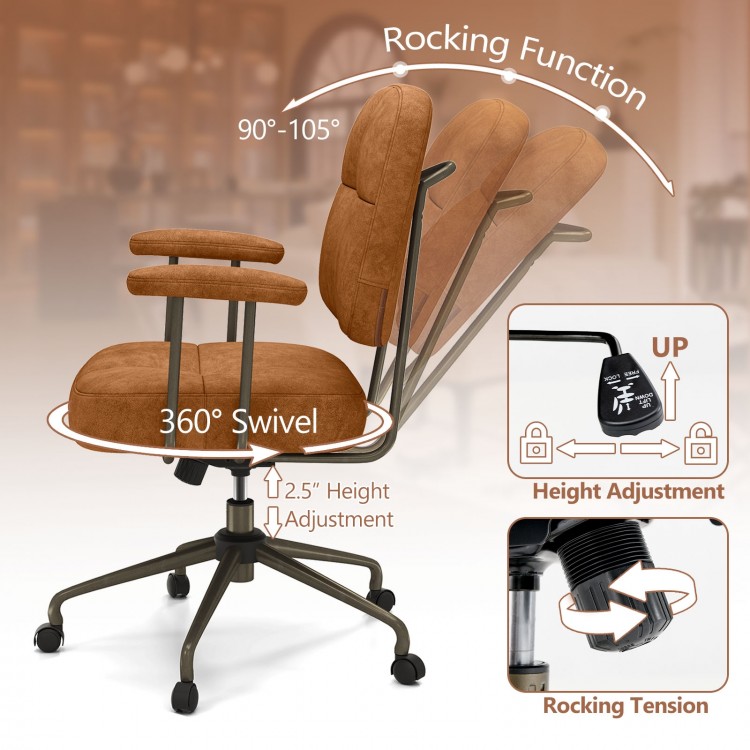 Brown upholstered task chair with cushioned back, 360° swivel, and height adjustment for home office comfort.