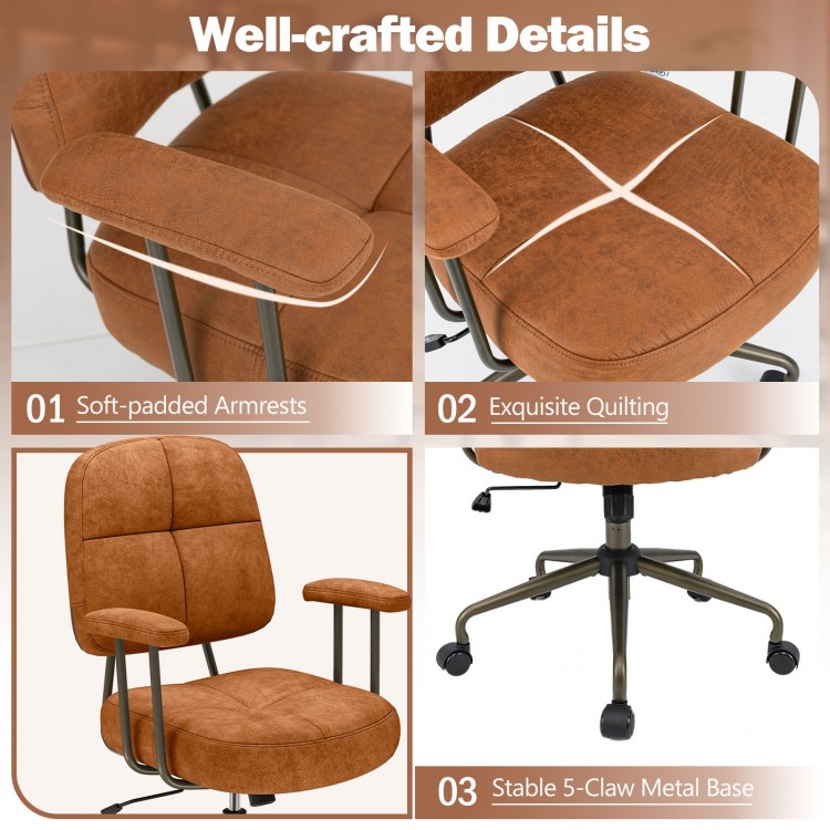 Close-up of the Leathaire upholstered task chair showing soft-padded armrests and exquisite quilting details.