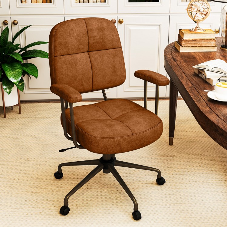 Brown Leathaire upholstered task chair with cushioned back and arms, featuring ergonomic design for home office comfort.
