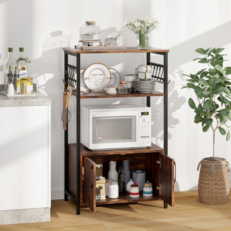 3-tier kitchen baker’s rack in brown with 2 open shelves, cabinet, and metal hooks for organizing kitchen supplies.