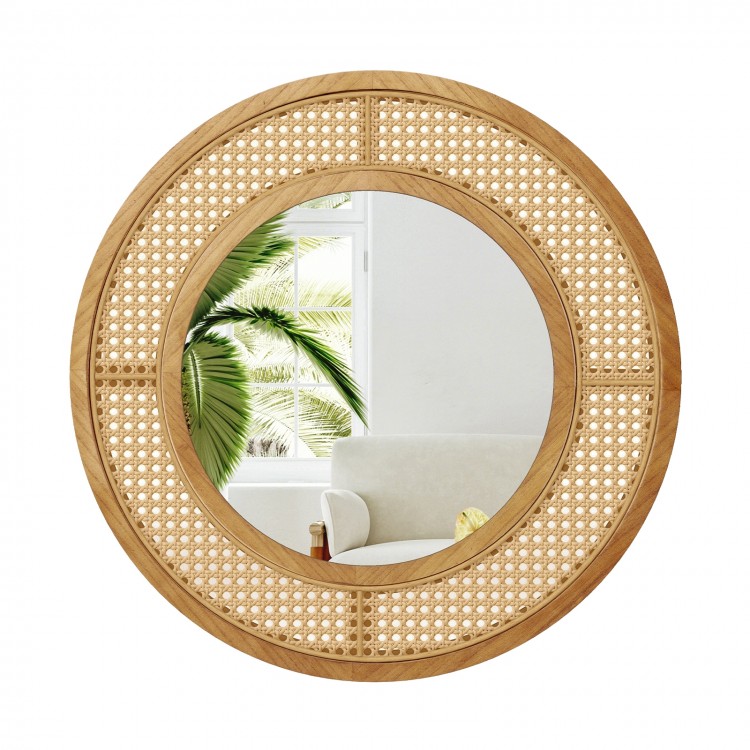 Round 25.5-inch decorative mirror with natural wooden frame and rattan style, perfect for living room or entryway.