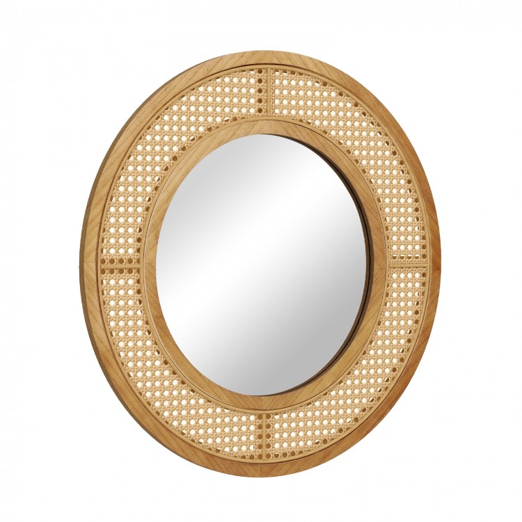 Round 25.5-inch decorative mirror with a natural wooden frame and rattan style, perfect for living room or entryway.