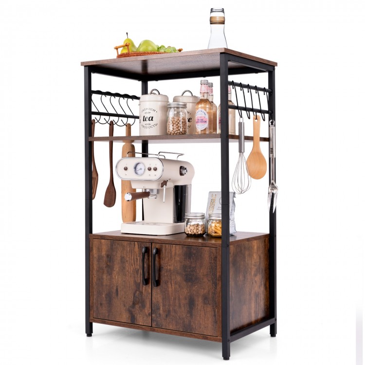 3-tier kitchen baker’s rack in brown with 2 open shelves, cabinet, and 10 hooks for organizing kitchen utensils.