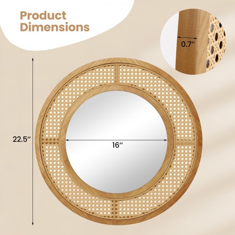 Round wall-mounted decorative mirror with natural wooden frame, featuring rattan style, measuring 25.5 inches for.