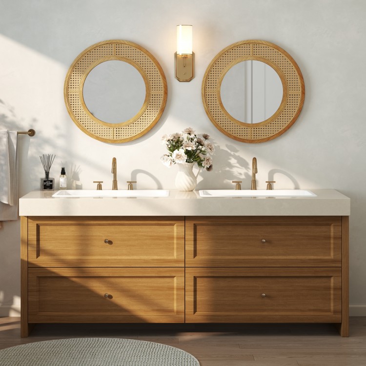 Bohemian round wall-mounted mirror with a natural wooden frame, perfect for adding rustic elegance to any space.