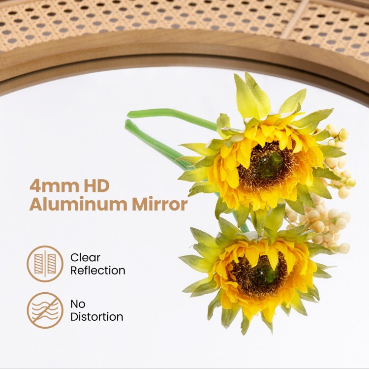 Bohemian round wall-mounted mirror with wooden frame, 25.5 inches, offering clear reflection for entryway or living.