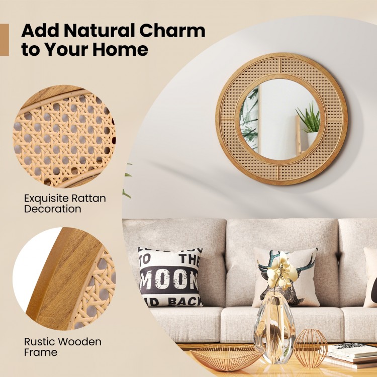 Bohemian round wall-mounted mirror with a rustic wooden frame and rattan decoration, perfect for living room or.