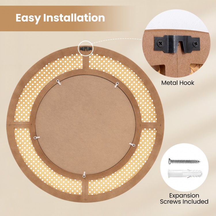 Close-up of the back of a 25.5-inch bohemian round mirror with metal hook and expansion screws for easy installation.
