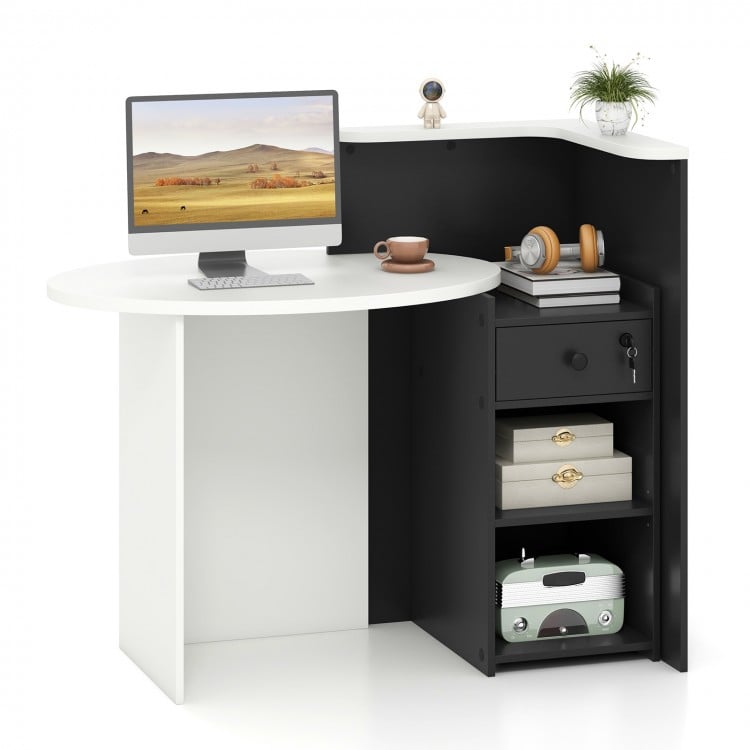 L-shaped black and white reception office desk with oval tabletop, lockable drawer, and adjustable open shelf for.