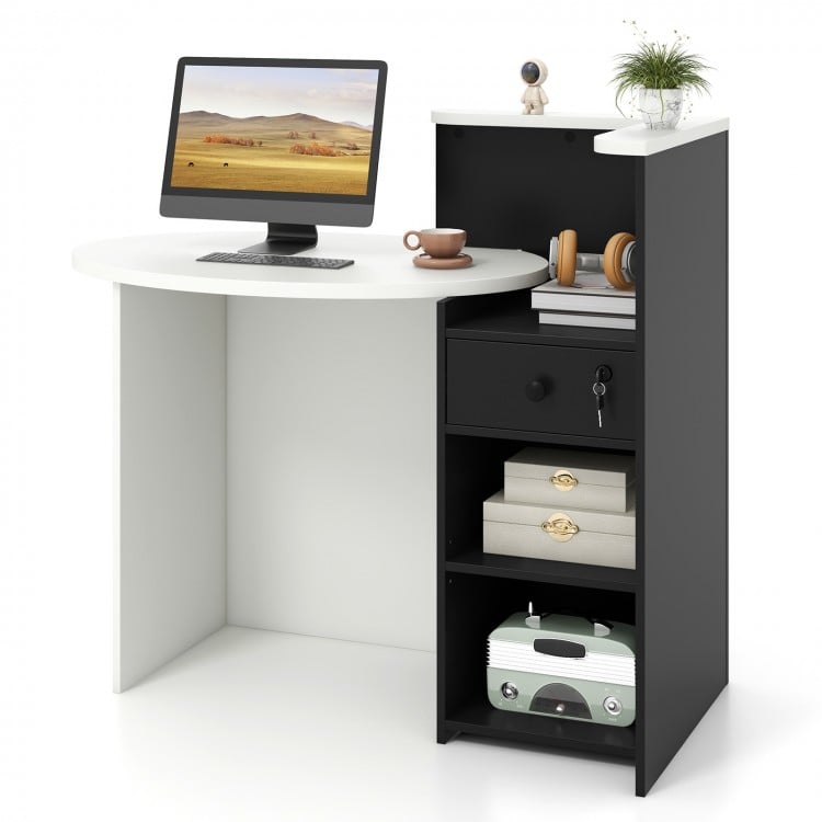 Front view of the black and white front reception office desk with oval tabletop, lockable drawer, and open shelf.