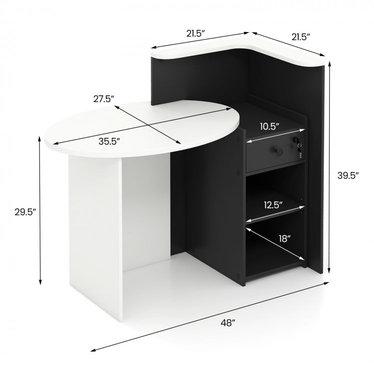 L-shaped black and white reception office desk with oval tabletop, open shelf, and lockable drawer for organized.