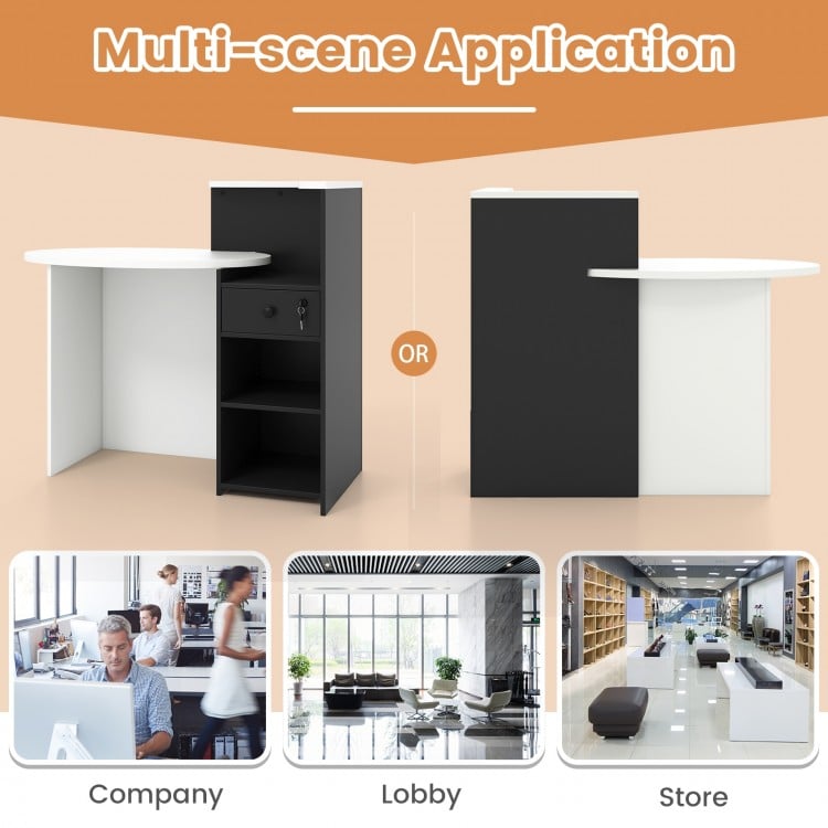 Front reception office desk in black and white with oval tabletop, open shelf, and lockable drawer for versatile use.