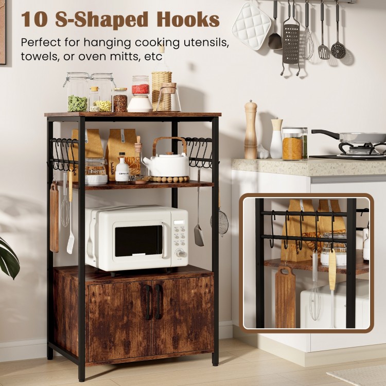 3-tier kitchen baker's rack in brown with cabinet, open shelves, and 10 hooks for hanging utensils, ideal for kitchen.