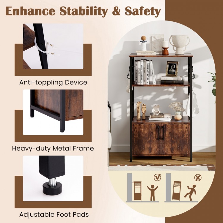 3-tier kitchen baker's rack in brown with cabinet, open shelves, and adjustable foot pads for enhanced stability.