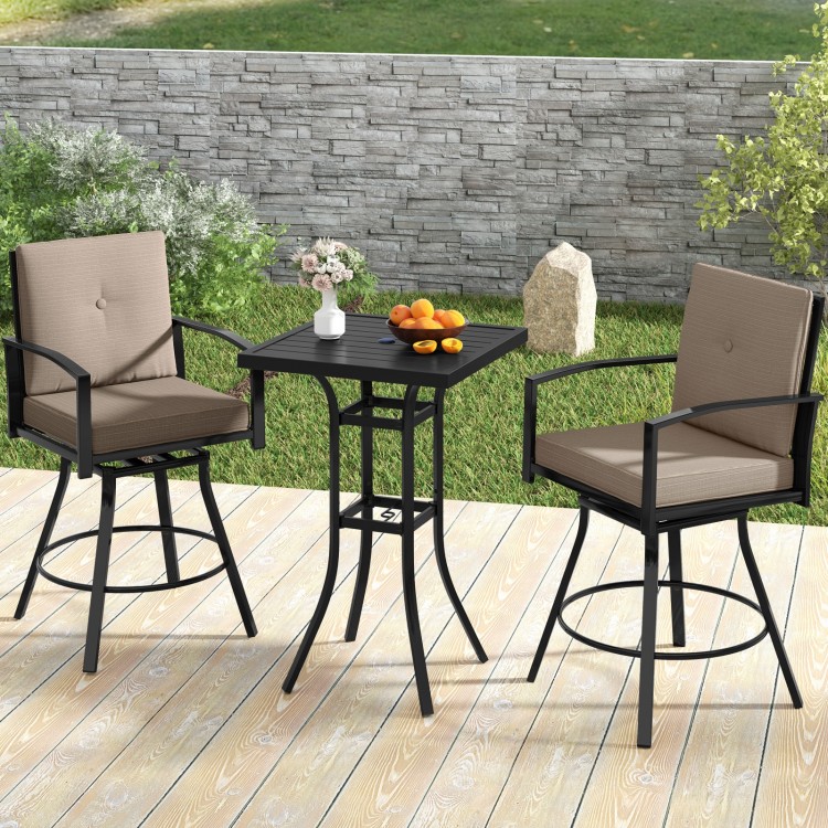 Patio swivel bar set with soft cushions and umbrella hole, featuring ergonomic design and heavy-duty metal construction.
