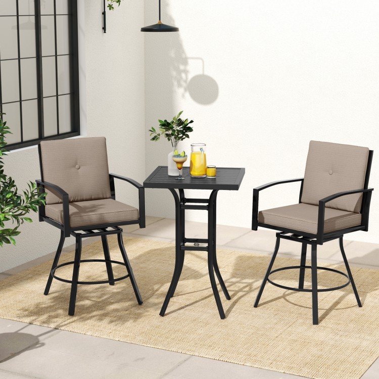 Patio swivel bar set featuring two cushioned chairs and a square table with an umbrella hole, perfect for outdoor.