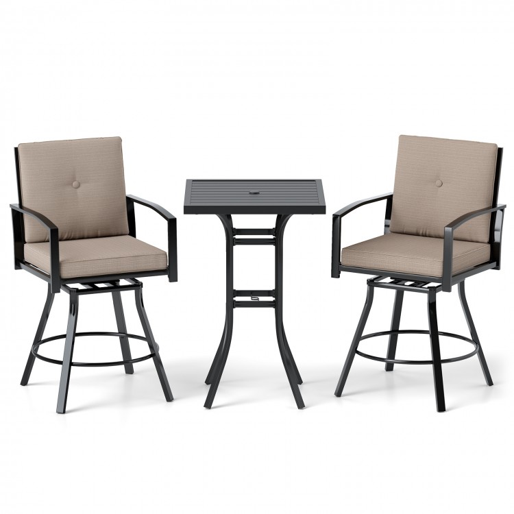 Cushioned swivel bar stool from a 3-piece patio set, featuring a modern design and sturdy metal frame for outdoor.