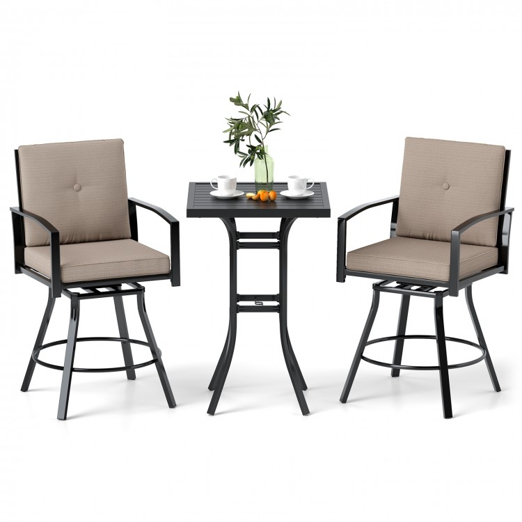 Cushioned swivel bar stool showcasing a sturdy metal frame and curved armrests for enhanced outdoor comfort and support.