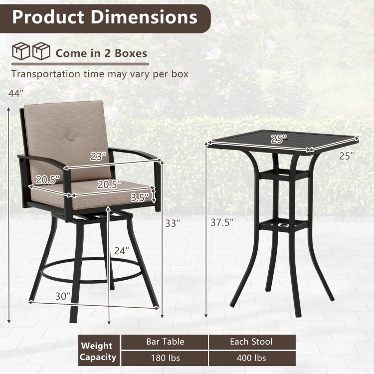 Patio swivel bar set featuring cushioned stools and a square table with an umbrella hole, perfect for outdoor.