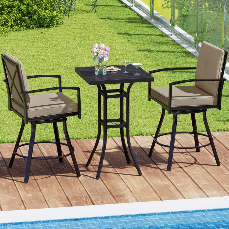 Cushioned swivel bar stool from a 3-piece patio set, showcasing a comfortable footrest and modern design for outdoor.