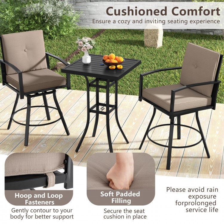 Patio swivel bar set featuring cushioned seats, ergonomic design, and umbrella hole for outdoor dining comfort.