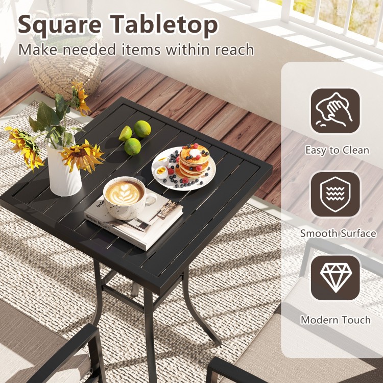 Square tabletop of a 3-piece patio swivel bar set, featuring a smooth surface and umbrella hole for outdoor dining.