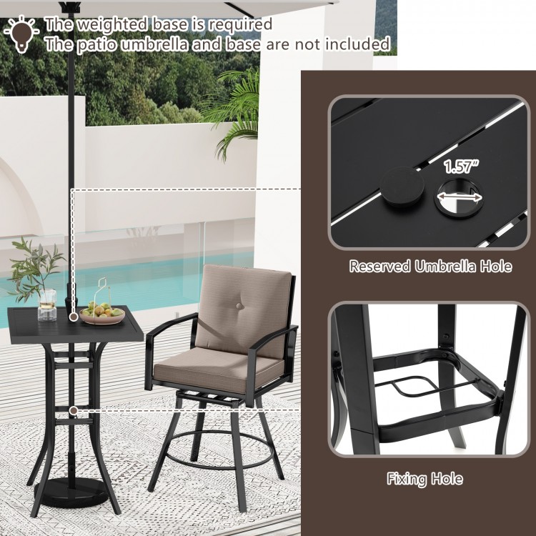 Patio swivel bar set featuring a cushioned chair and square table with a 1.57" umbrella hole for outdoor dining.
