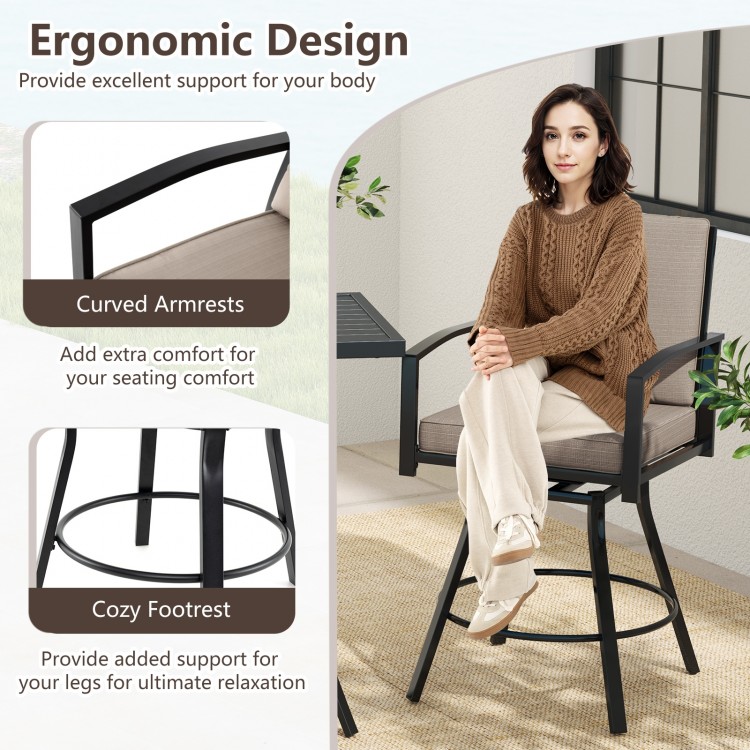 Patio swivel bar set featuring ergonomic design, curved armrests, and cozy footrest for ultimate outdoor relaxation.