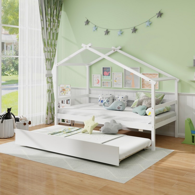 Kids twin size house bed in white with trundle, featuring a roof design and solid wood frame for extra sleeping space.