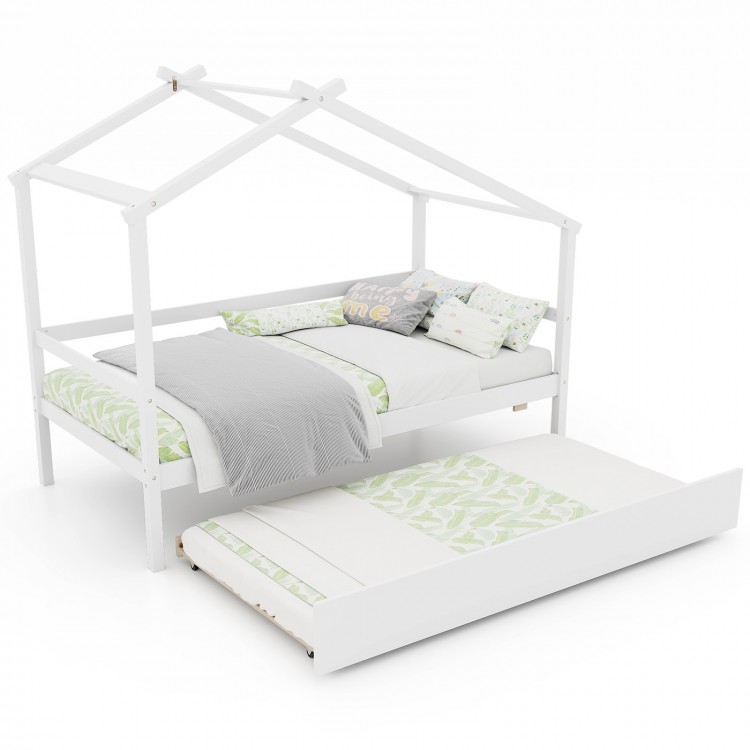 Kids twin size house bed in white with trundle, featuring a roof design and smooth wheels for easy access.