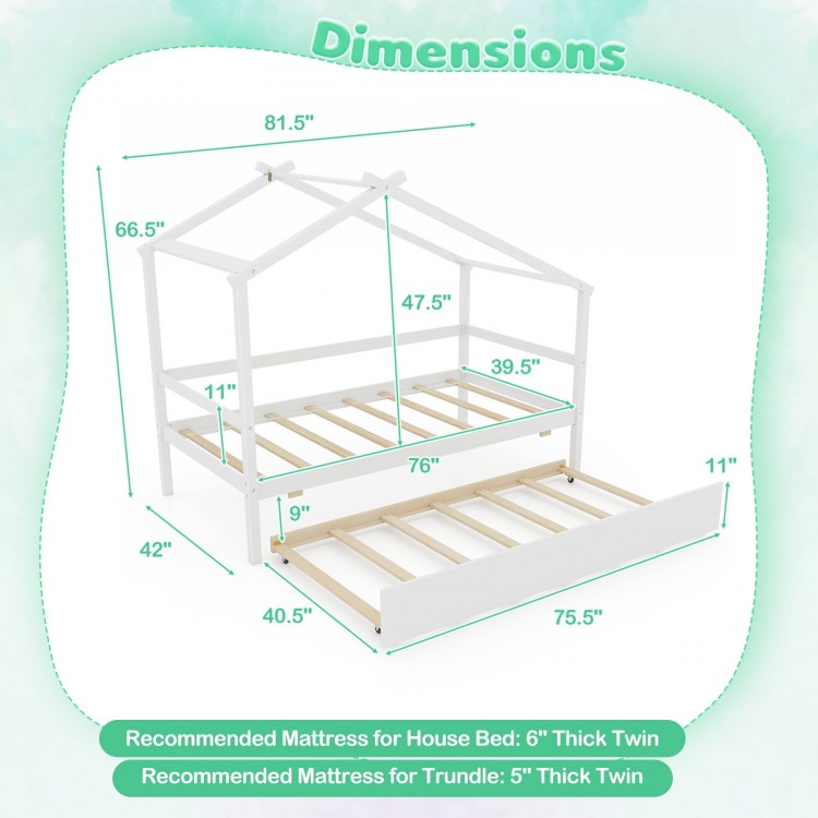 Kids twin size house bed with trundle in white, featuring a solid wood frame and dimensions for mattress.