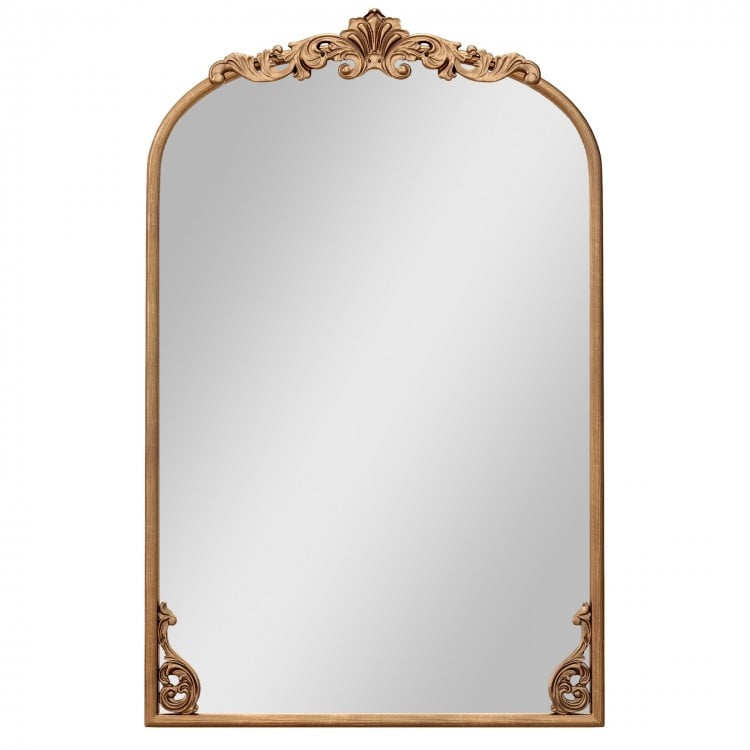 Arched vintage gold metal frame mirror with ornate baroque design, ideal for entryways and living rooms.